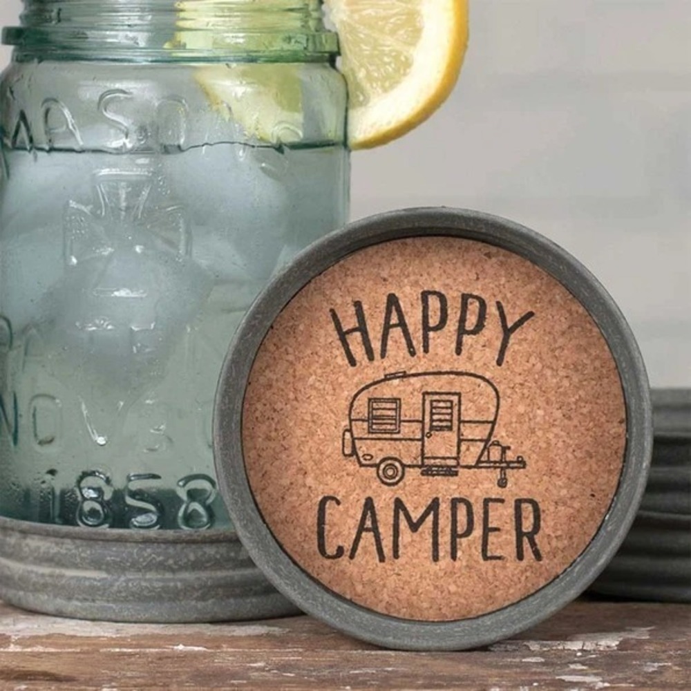 Set of Four Mason Jar Lid Coasters - Happy Camper